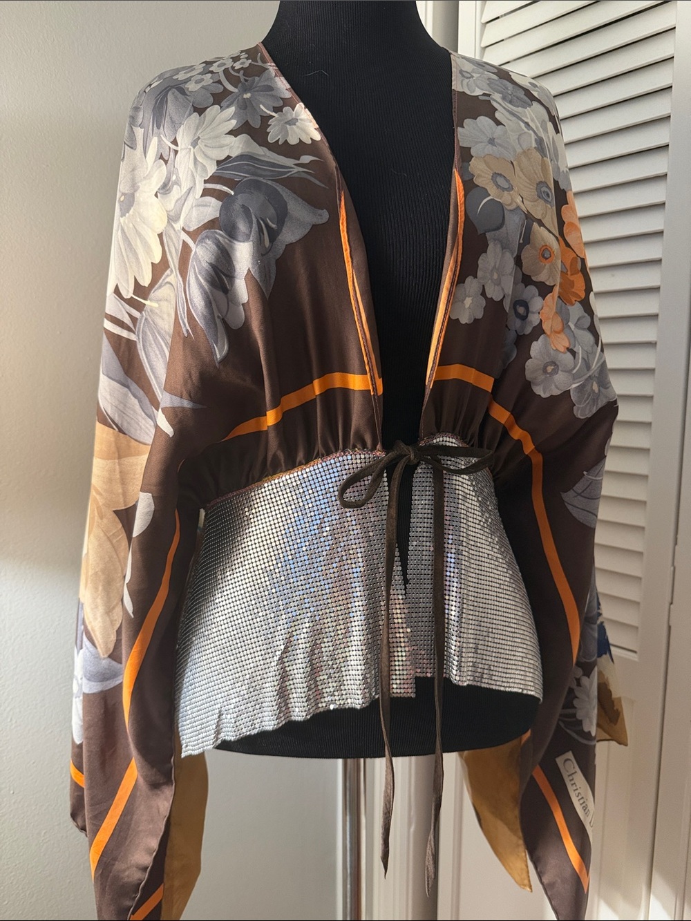 Christian DIOR Silk, silver mesh and suede Tie-Front Shawl Top
